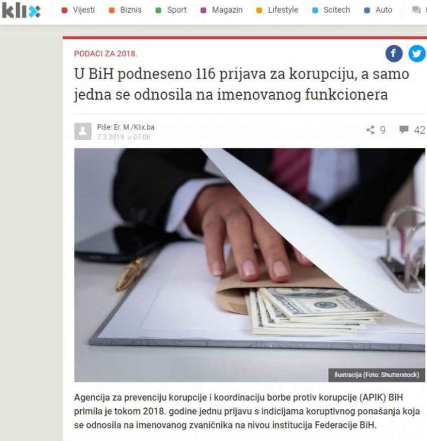 U BiH podneseno 116 prijava za korupciju, a samo jedna se odnosila na imenovanog funkcionera