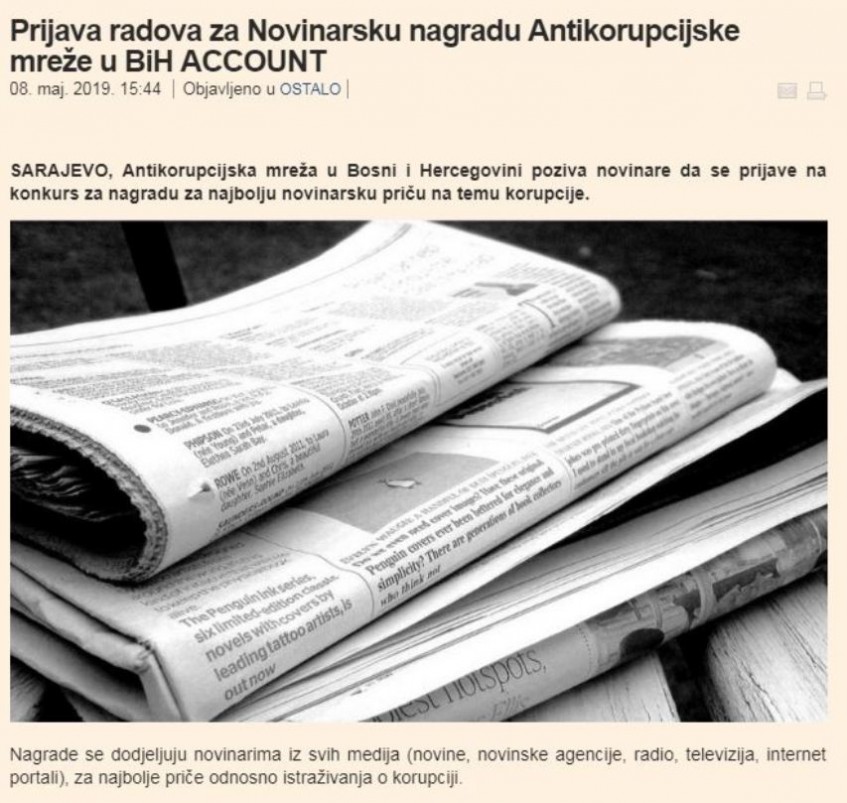 Prijava radova za Novinarsku nagradu Antikorupcijske mreže u BiH ACCOUNT