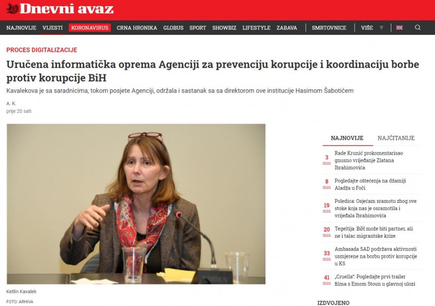Uručena informatička oprema Agenciji za prevenciju korupcije i koordinaciju borbe protiv korupcije BiH