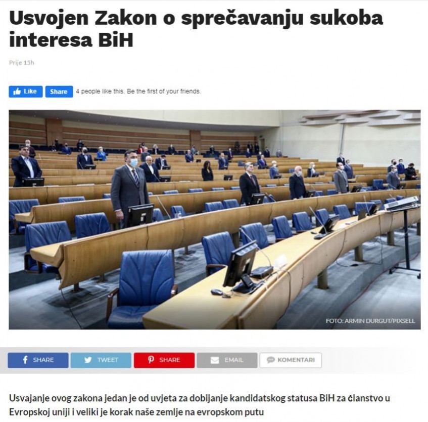 Usvojen Zakon o sprečavanju sukoba interesa BiH