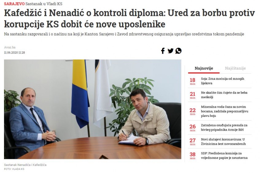 Kafedžić i Nenadić o kontroli diploma: Ured za borbu protiv korupcije KS dobit će nove uposlenike