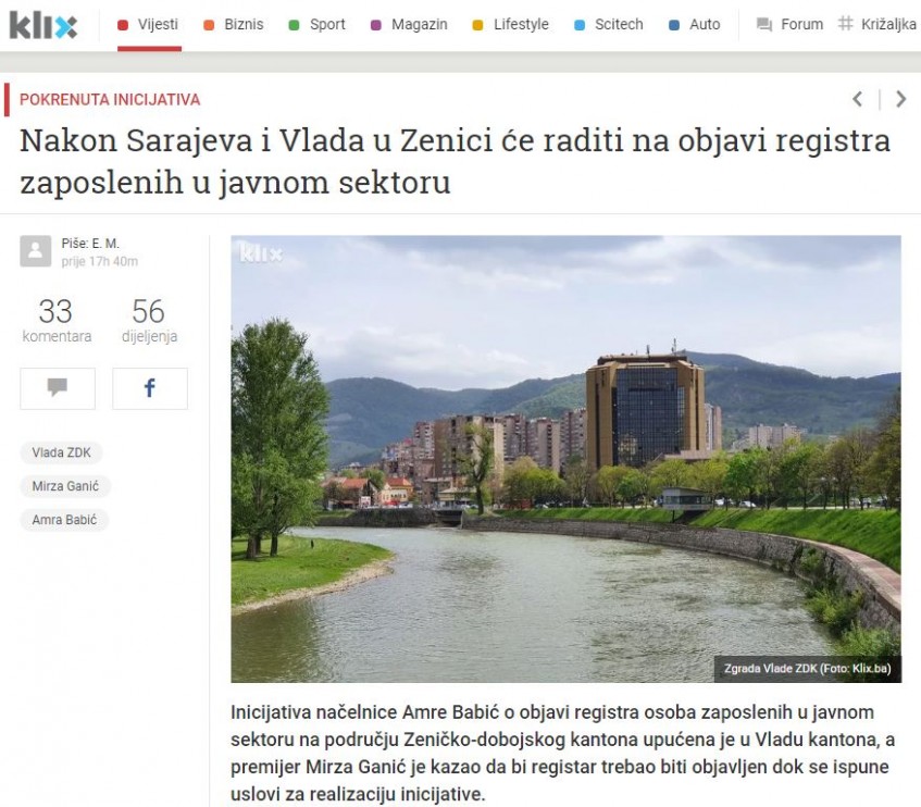 Nakon Sarajeva i Vlada u Zenici će raditi na objavi registra zaposlenih u javnom sektoru